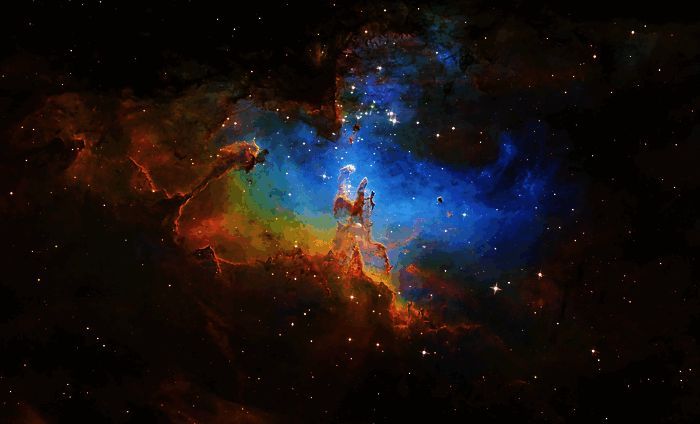 和平精英与北京天文馆合作展示图，包含星云图像与游戏界面融合的概念设计稿