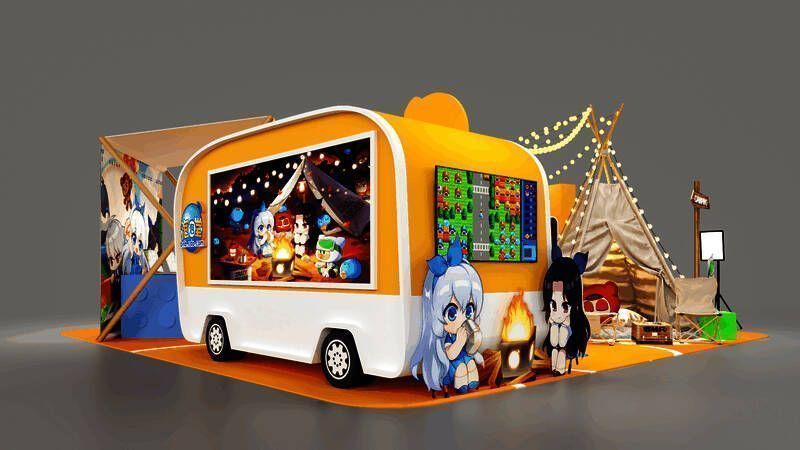 玩家在展台前参与互动游戏，气氛热烈，工作人员热情接待