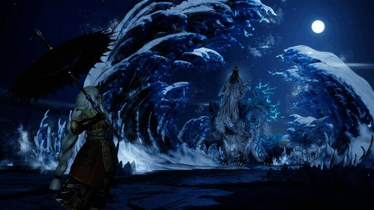 《狂野之心S》最新实机画面，展示猎人与巨型猛兽激战场景，背景为四季变换的狩猎场