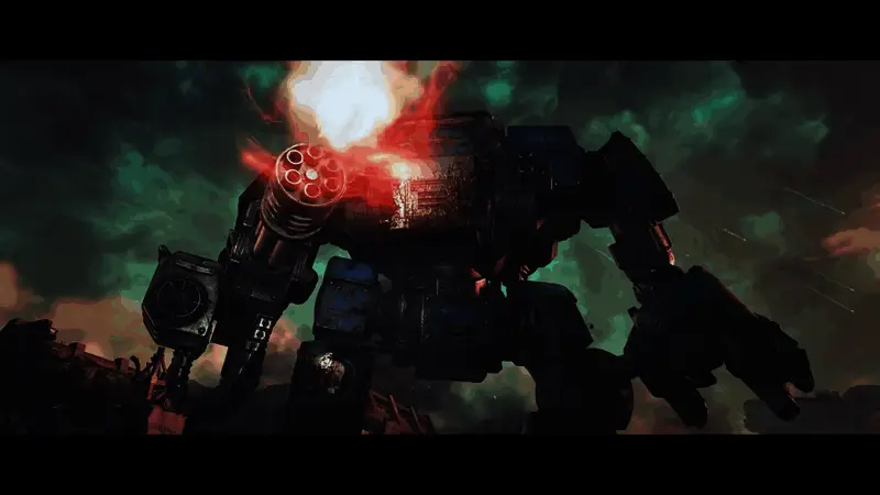 夜幕下的战场，火光四射，星际战士正在进行最后防线的守卫战