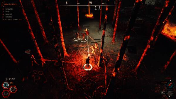 玩家在废土世界中探索资源，角色身穿防护装备穿越荒野