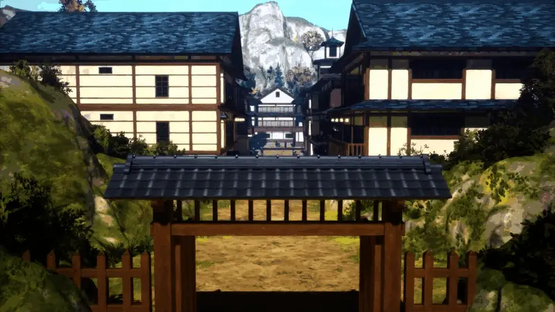 锻刀村全景俯瞰图，可见传统日式建筑与山林环绕的静谧环境