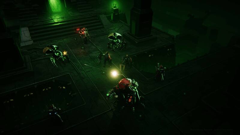 游戏中机械神教部队展开激烈战斗的场景，背景可见复杂的地形与高能武器特效