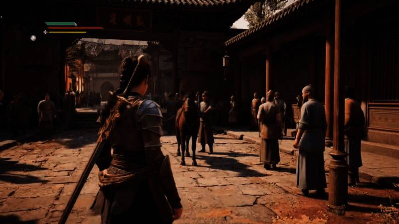 AI生成的武侠风格游戏画面，主角骑马穿梭于古风街市，背景建筑细节丰富