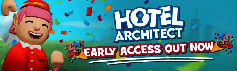《酒店建筑师》Steam商店封面图，展示游戏主界面与建筑场景