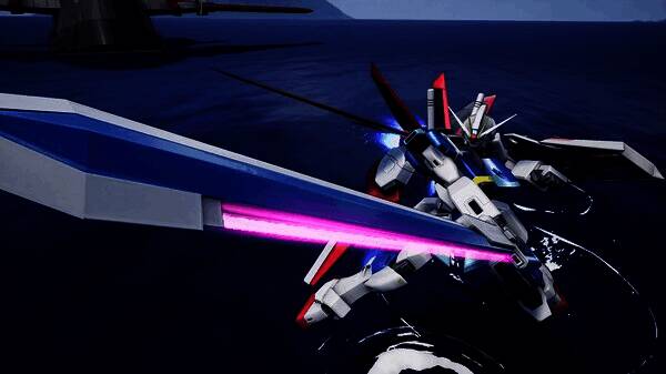 高速飞行中的高达机体正在进行近身格斗，场面紧张刺激