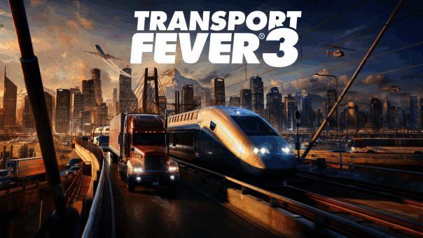 《狂热运输3》官方LOGO展示，背景为立体城市与交通网络交织的动态效果