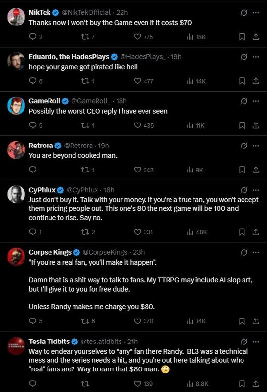 Gearbox官方推文下方被大量玩家留言刷屏，评论区呈现一边倒的负面反馈