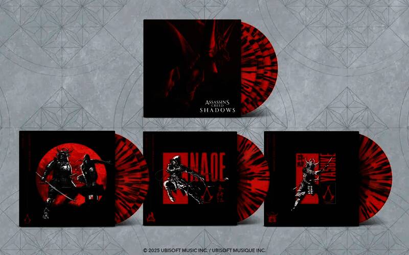 黑胶唱片套装封面设计图，整体风格融合日式浮世绘与现代电子元素，突出双主角形象