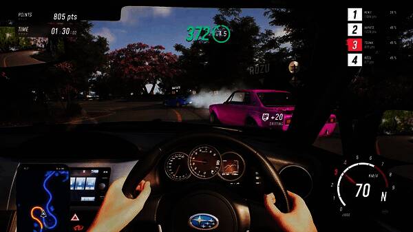 游戏城市街道画面，多辆经典日系跑车并行于夜色霓虹之中