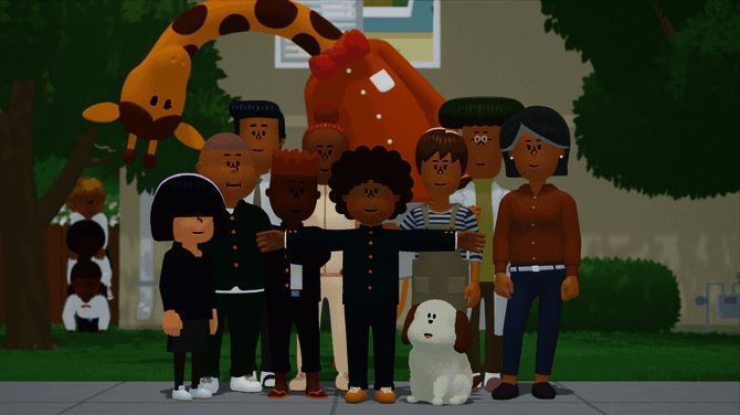 游戏中主角与小狗在夕阳下依偎的画面，背景宁静而温暖