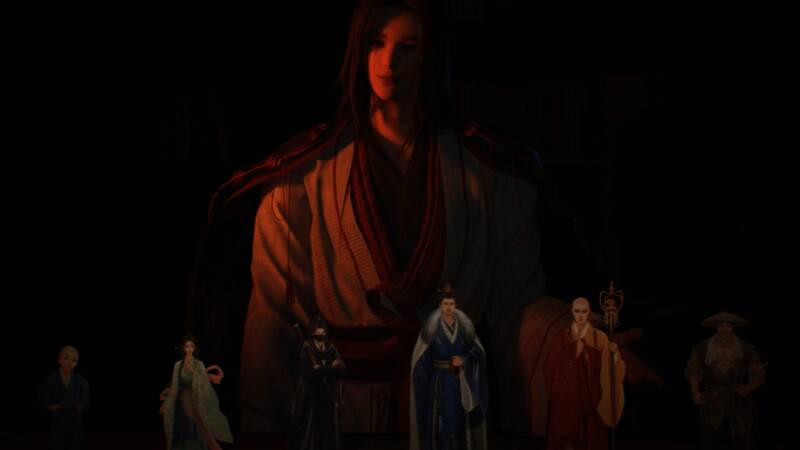 游戏中古色古香的雪夜寺庙场景，屋檐积雪厚重，灯笼微光摇曳