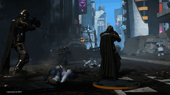 绝地潜兵手持重型武器，在城市废墟中与光能者激烈交火