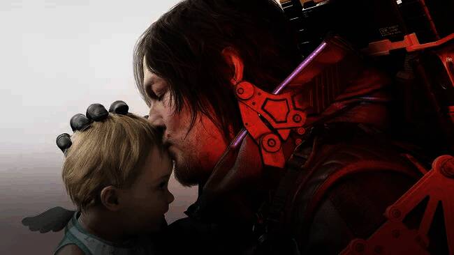 小岛秀夫接受采访的画面，背景为《死亡搁浅2》游戏画面