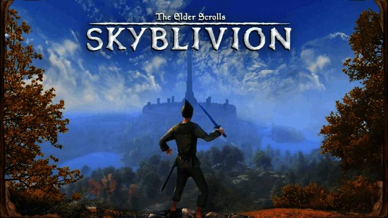 《Skyblivion》游戏场景概念图，画面呈现古老城市与魔法光影交织的世界