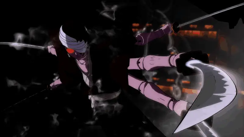 缘一零式挥舞武器的特写画面，展现出强大的气势