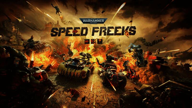 《战锤40K：极速狂飙》游戏宣传画面，赛车飞驰于废土赛道