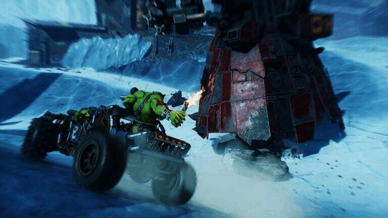 绿皮兽人驾驶改装赛车狂飙，背景是爆炸特效与尘土飞扬