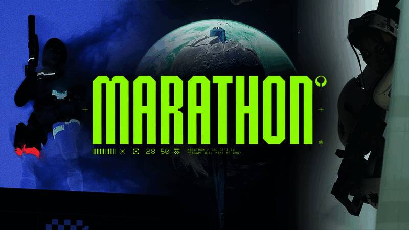 《马拉松》游戏实机画面，玩家角色在城市废墟中展开激烈交火