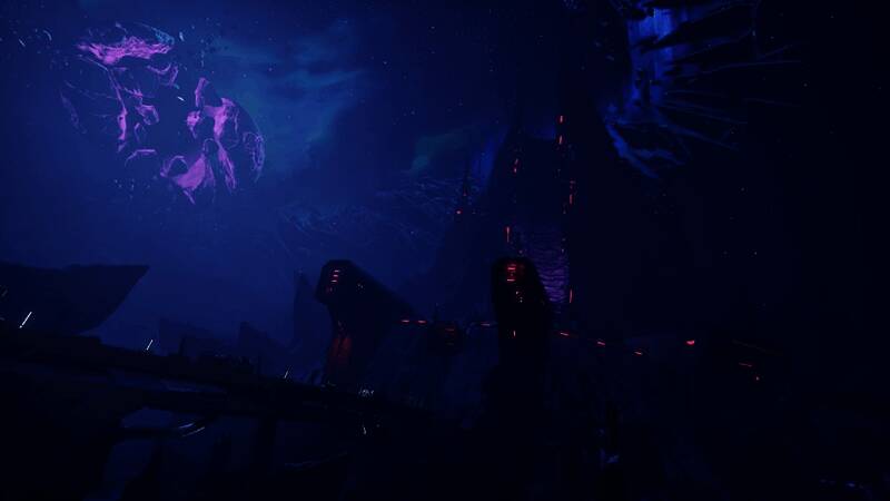 凯洛斯星球俯瞰视角，四种地貌交界清晰可见，天空云层带有科技光晕效果