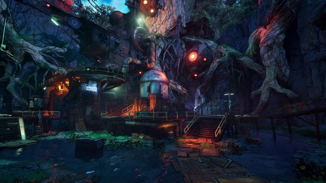 隐没旷野场景，远处有奇异植被和漂浮岩石，前景可见敌对势力据点