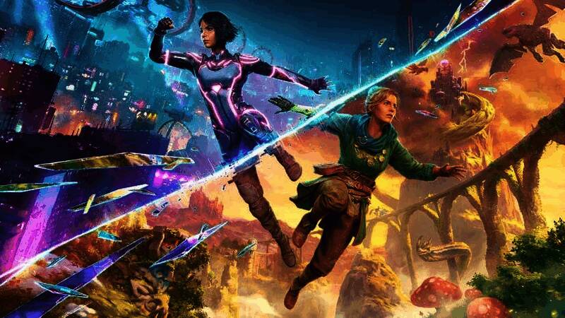 《双影奇境》游戏画面，两名角色在奇幻世界中并肩作战