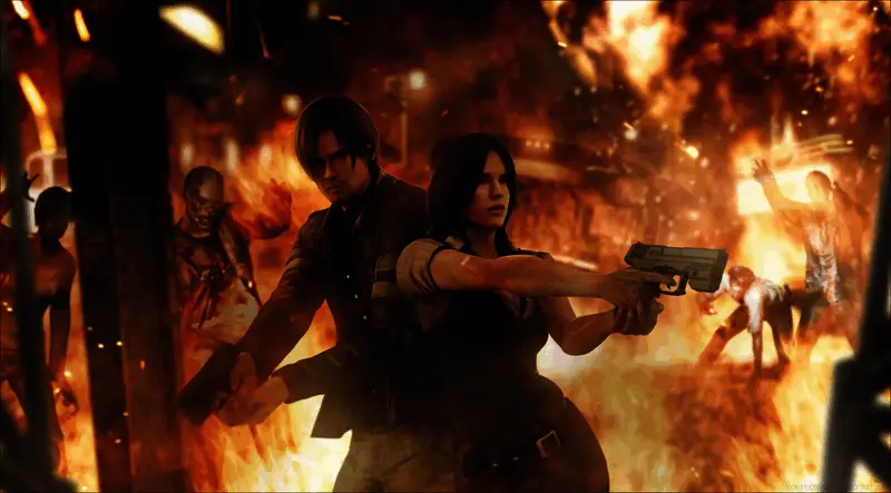 《生化危机9》概念图，神秘角色站在昏暗森林中，手持武器神情警惕