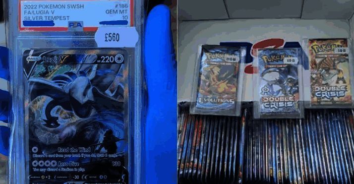 警方正在清点查获的宝可梦卡牌，现场堆满各类珍稀卡牌