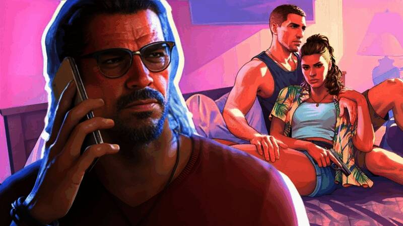 《GTA6》宣传图，城市街头的紧张追逐画面，警车与主角高速飞驰中