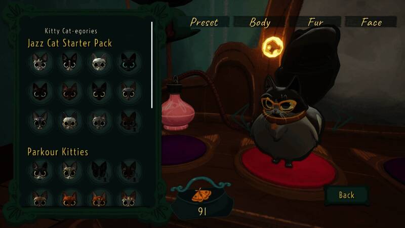 游戏角色自定义界面截图，展示多种猫咪毛色、脸型与体型组合选项