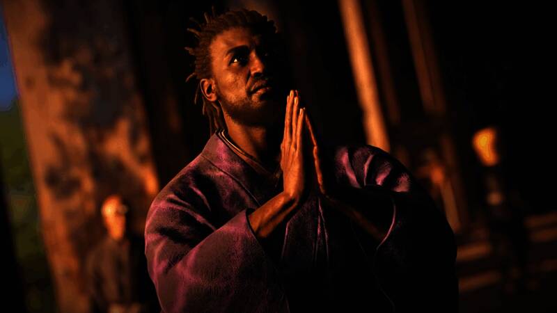 《刺客信条：影》多人联机合作任务场景，四位角色分别身着不同装备展开战术配合