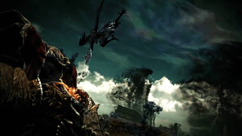 守护者从高空俯冲而下，形成一道光轨般的冲击波