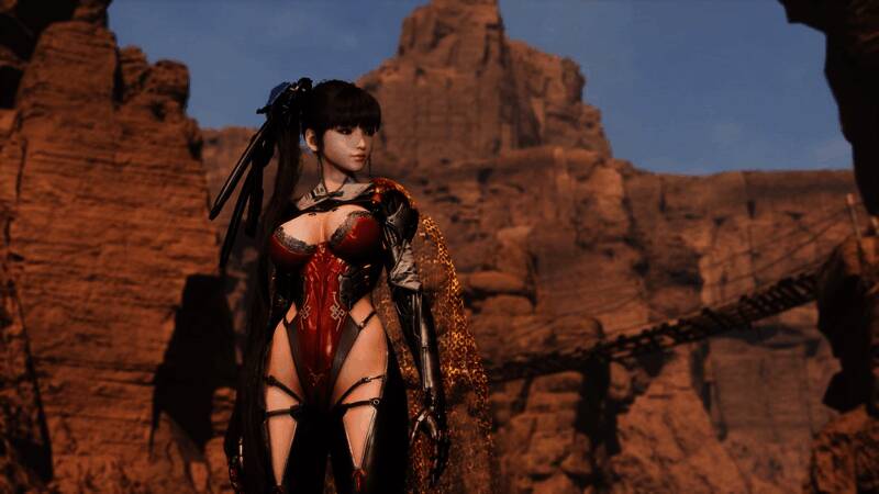 《星刃》PC版角色展示，伊芙身穿战斗服，背景为科幻城市场景