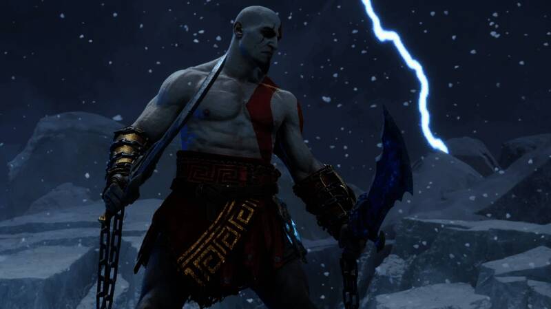 《战神》系列经典反派角色集结图，背景为古希腊神殿与北欧雪山交织的视觉设计