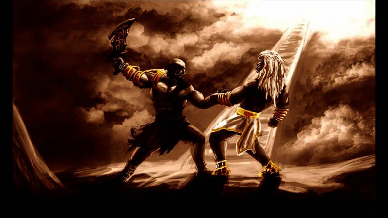 奎托斯与宙斯对峙的定格画面，光影交错营造出紧张氛围