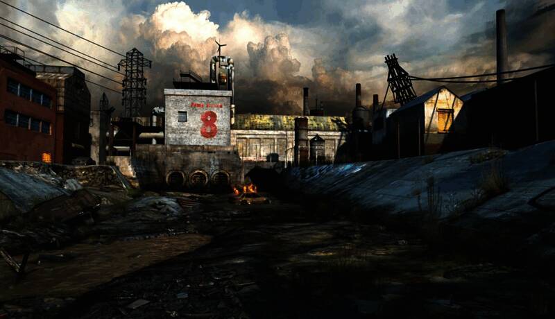 废弃都市概念画面，破败高楼林立，天空阴沉，末日氛围浓厚