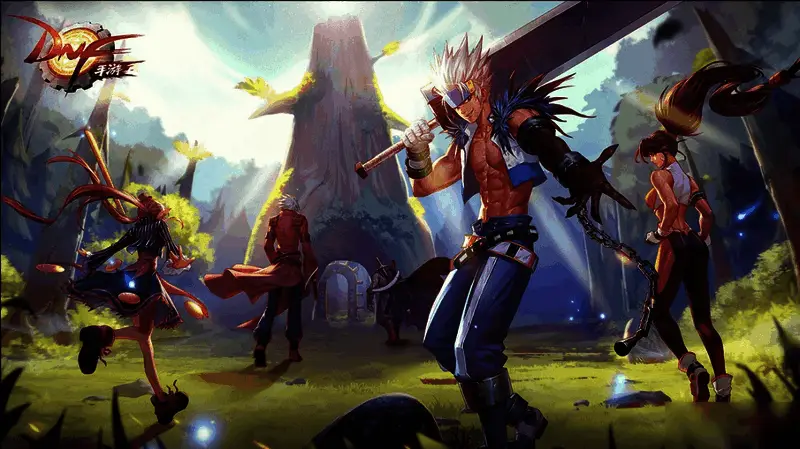 Nexon旗下游戏《地下城与勇士》宣传画面，角色造型炫酷，背景充满战斗氛围