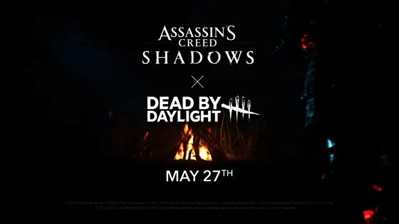 《刺客信条：影》与《黎明杀机》联动预告画面，两位主角围坐篝火与神秘角色对峙