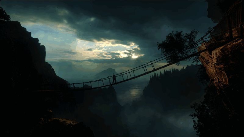 游戏内场景展示，一座巨大的石桥横跨深渊，远处有漂浮的岛屿与奇异生物飞过