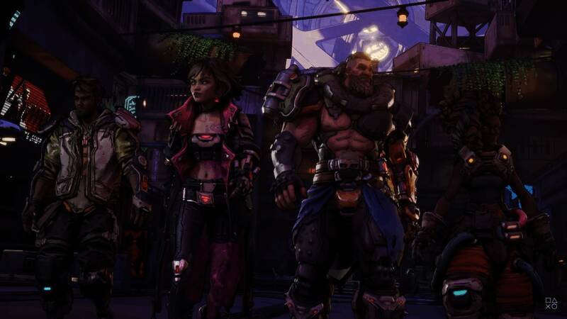 《无主之地4》宣传图展示角色持枪战斗场景，背景为科幻风格城市