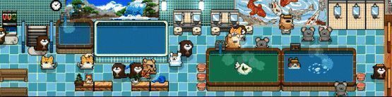 游戏界面展示，线条小狗与各种小动物在温泉中互动