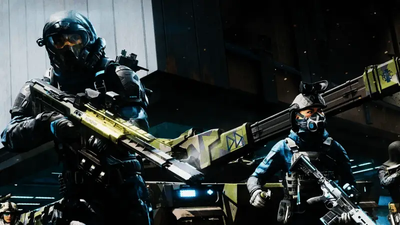 《战地6》游戏宣传图，展现激烈的城市战斗场景，士兵持枪警戒，背景硝烟弥漫