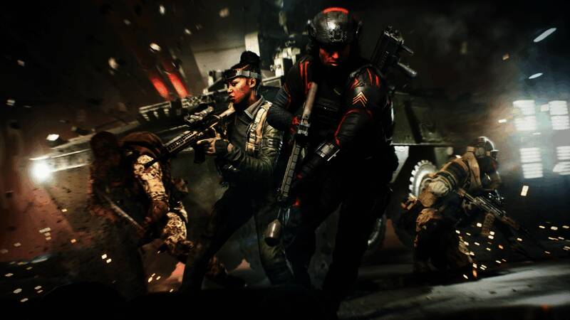 《战地6》多人对战地图概念图，城市废墟中两队士兵展开激烈交火，远处有爆炸特效