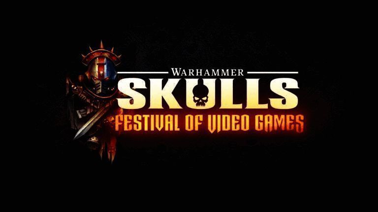 战锤颅骨节官方宣传图，背景为经典战锤40K战场场景，前景展示多款游戏LOGO