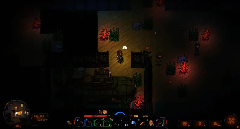 玩家在幽深之海中潜水探索，周围环绕着发光的深海生物