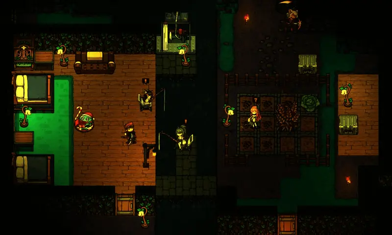 玩家在营地中心界面设置魔物娘的工作任务，背景可见多个魔物娘角色