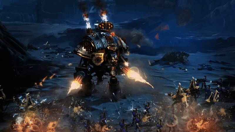 战锤40K宇宙标志性元素展示现场，包括装甲模型与战术地图沙盘