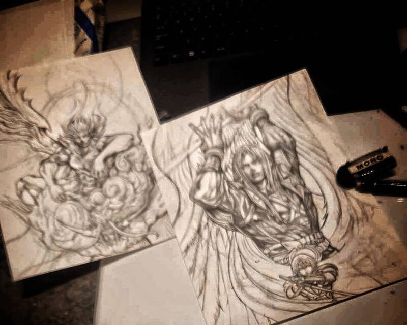 萨菲罗斯战斗姿态卡牌插画，背景融合最终幻想世界观元素