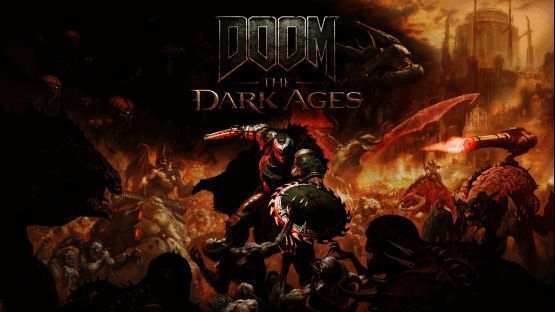 《毁灭战士：黑暗时代》游戏封面，呈现中世纪风格的地狱战场