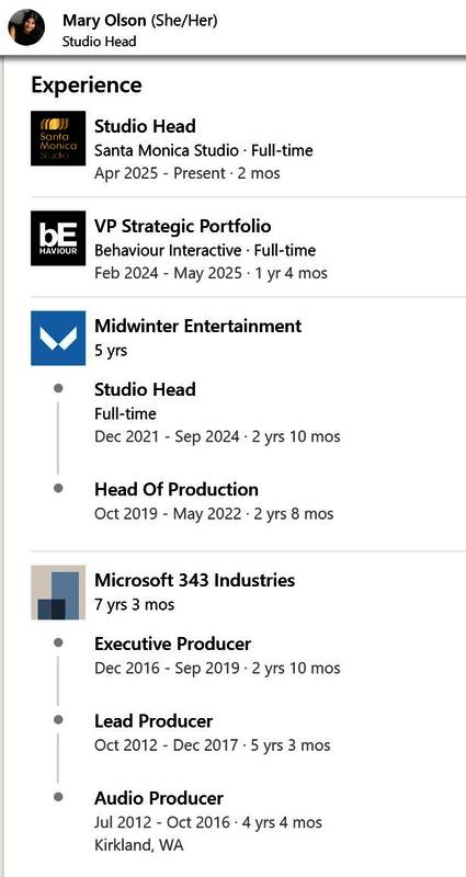 Mary Olson领英页面截图，清晰显示She/Her代词信息